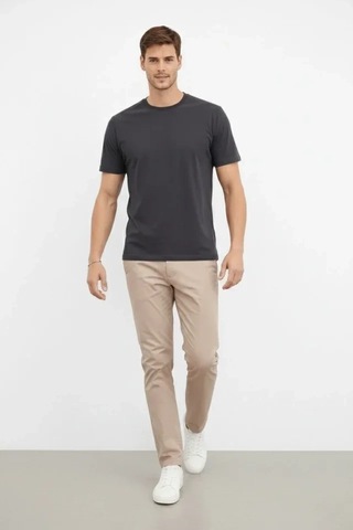 Valensdesign Erkek Bisiklet Yaka Tişört Regular Kalıp Basic Pamuklu Günlük Kullanım T-shirt - Füme