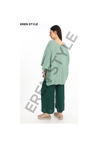 Bohem Kuruvaze Tek Düğmeli Keten Bluz-9884 Su Yeşili