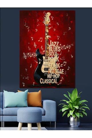 Ahşap Tablo Kelimelerden Oluşan Elektro Gitar Silüeti İnsan Figürlü Tablolar