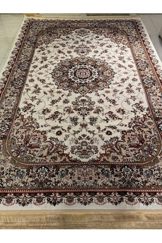 Asaryün Halı Ipek H3809c Krem Bej İpeksi Geleneksel Renkli Göbekli Klasik Desen Salon Halısı Modern Renkli