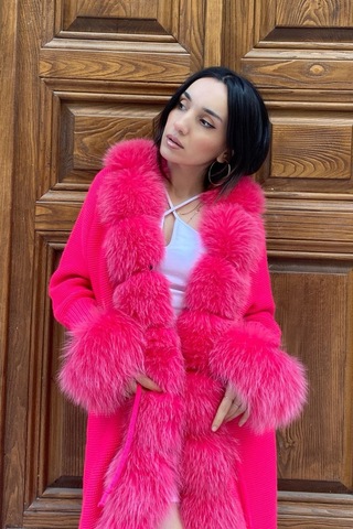 Lava Design Kürklü Triko Hırka & Uzun Triko Hırka & Kadın Triko Hırka Pembe