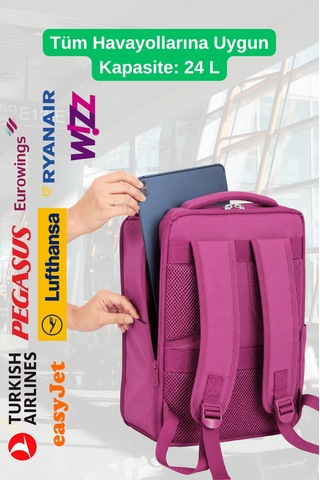 Jet Turtle Seyahat Sırt Çantası 40cm 40x25x15 Cm Pegasus, Wizz Air, Ryanair, El Valizi Koltuk Altı Valizi Koyu Pembe