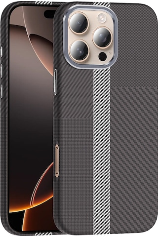 Apple Uyumlu iPhone 16 Pro Max Kılıf M-safe Şarj Özellikli Karbon Fiber Görünümlü Zore Gros Kapak Gri-Siyah