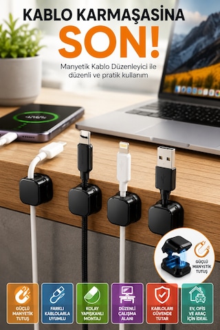 Manyetik Kablo Düzenleyici Kablo Tutucu 6'lı Set Yapışkanlı Kablo Sabitleyici Masa Kablo Düzeni