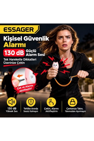 Essager 130 Db Kişisel Güvenlik Alarmı Led Fenerli, Çekmeli Acil Durum Alarmı, 450mah Şarjlı Taşınabilir Anahtarlık