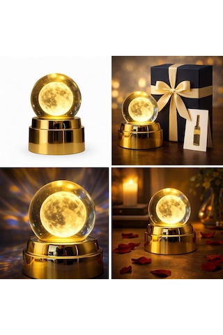 Kristal Küre Ay Lambası, Altın Renkli Taban, Led Işıklı, Masa Lambası, 15 Cm, Sıcak Beyaz Işık Çok Renkli