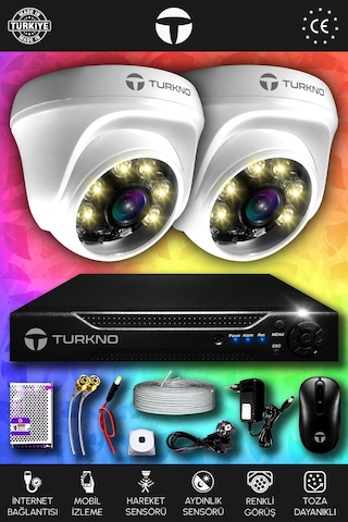 Turkno 2 Kameralı Domie 2 İç Kamera Set HDD'siz Full HD Renkli Gece Görüşlü Güvenlik Kamerası Sistemi
