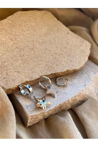 Gümüş Renkli Taşlı Yıldızlı Üçlü Küpe