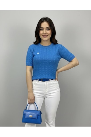 Hidafashion Saç Örgü Polo Nakışlı Tişört Mavi