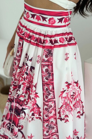 İthal Krep Kumaş Desenli Etek Pembe Mavi