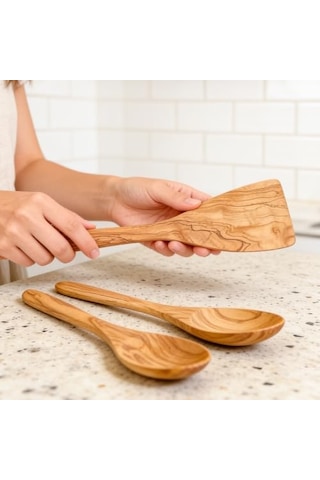 El Yapımı Zeytin Ağacı Mutfak Seti 3 Parça Doğal Ahşap Kaşık Ve Spatula Seti 30 Cm 0