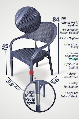 4 Adet Bambu Rattan Kollu Sandalye Koltuk Antrasit Antrasit