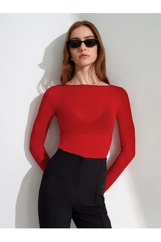 DİLVİN 32122 Kayık Yaka Kaşmir Karışımlı Ultra Hafif Modal Bluz-kırmızı