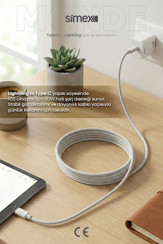 Simex 11 12 13 14 Pro Max Serisi Type-c To Lightning Hızlı Şarj Kablosu, Apple iPhone Uyumlu Şarj Kablosu, Gri, 1 Metre