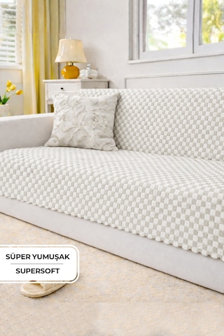 Aron Kürklü Koltuk Örtüsü 170x215 Cm Yumuşak Peluş Lüks Kaymaz Taban Kanepe Örtüsü Krem