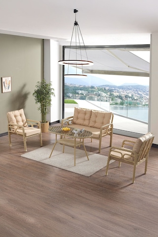 Rio Rattan Bahçe Balkon Oturma Takımı 2+1+1+camlı Masa Cappuccino Cappuccino