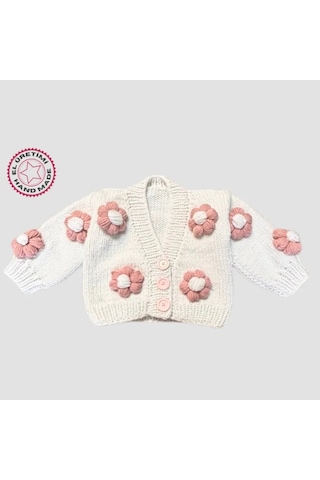 Uretti - Gülnur 2184 - El Örgüsü Gül Kurusu Çiçekli Kız Çocuk Hırka 4 Yaş - Beyaz Beyaz