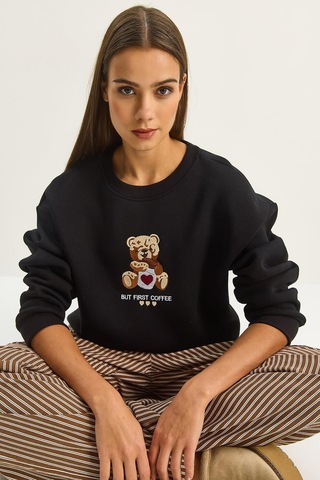 Shade Kadın Teddy Nakış Detaylı Üç İplik Şardonlu Sweatshirt 60601044 - Siyah