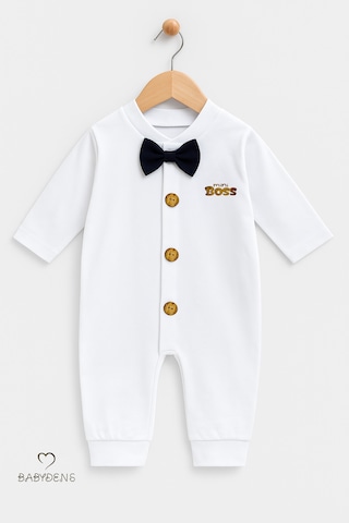 Babyden's Mini Boss Papyonlu Erkek Bebek Tulum Düğmeli Tasarım, Uzun Kollu Yenidoğan Tulumu Lacivert