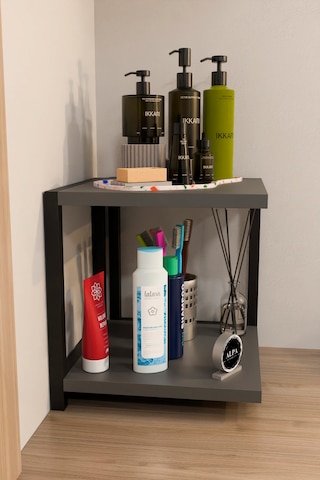 İki Raflı Banyo Köşe Kare Düzenleyici Organizer Raf Metal Gövdeli Çok Amaçlı Banyo Standı Antrasit