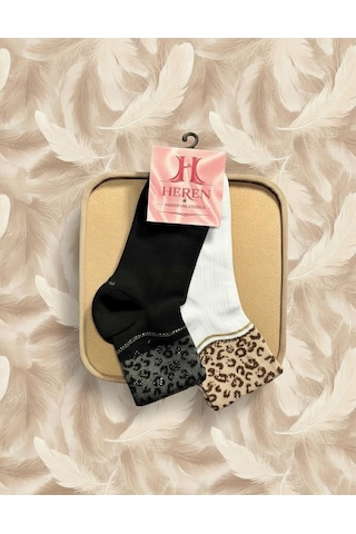 Heren Socks Heren Leopar Desenli , 2'li Taşlı Kadın Soket ,parfüm Kokulu, Premium Serisi Beyaz - Siyah