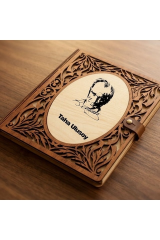 Atatürk Tasarımlı Kişiye Özel Ahşap Defter - İsme Özel Kahve