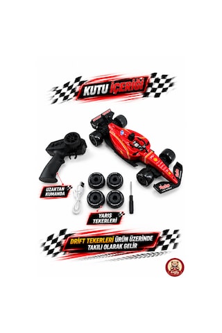 Oyuncak Uzaktan Kumandalı Formula 1 Rc Drift Yarış Arabası 20 Km/sa Hız, Hassas Gaz Kontrolü, Led Işık Ve Type-c Şarj Kırmızı