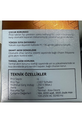 Zuma Termal Akım Korumalı 6 Soket 3 Metre Priz Açma Kapama Tuşlu Çocuk Korumalı Siyah 3 m