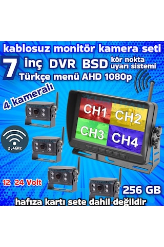 4 Adet Kablosuz Kamera Ahd 1080p 7 İnç Dvr Monitör Bsd Kör Nokta Sistemli 12 24 V