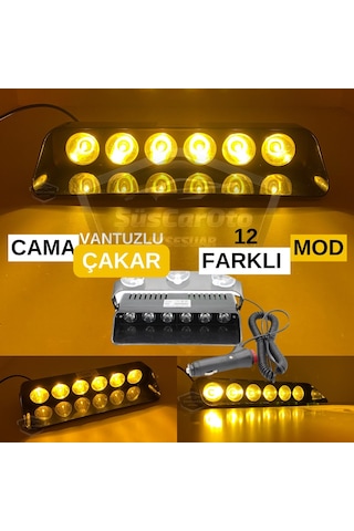 S6 Cam İçi Vantuzlu Ambulans İtfaiye Çakar Lamba İkaz Lambası 6 Ledli 12 Farklı Mod Sarı Çakmaklık Girişli 00 Şüscaroto Aksesuar