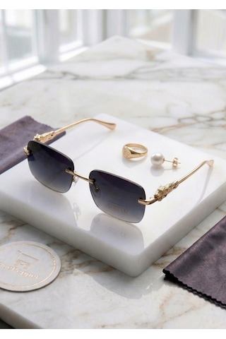 Caretl Aslan Detaylı Yeni Model Güeş Gözlüğü Metal Dikdörtgen Çerçeve Gözlük Gold Detaylı Unisex Siyah