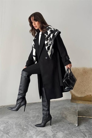 Neşeli Butik Kadın Kuşak Detaylı Astarlı Kaşe Kaban Nbg120 Siyah