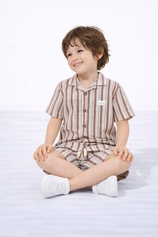 Miniko Kids Erkek Çocuk Çizgili Gömlekli Müslin Şortlu Takım Kahverengi