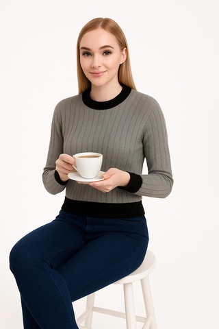 Hira Life Fashion Kadın Bisiklet Yaka Fitili Ve Şerit Detaylı Crop Triko Kısa Kazak Gri Gri