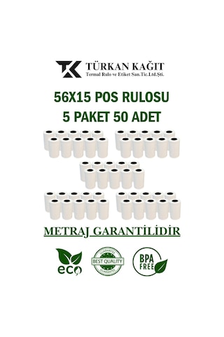 56x15 Pos Rulosu 5 Paket 50 Adet Termal Rulo - Yazarkasa Pos Rulosu - Pos Kağıdı