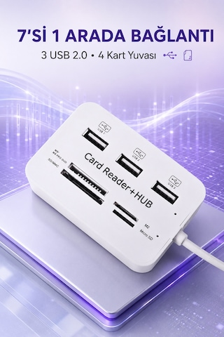 Usb 2.0 Çoklayıcı Hub 3 Port 4 Slot Kart Okuyucu Sd Micro Sd Mmc Ms 480 Mbps Tak Çalıştır Beyaz Abs