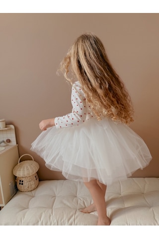Linola Baby Kids Love - Ekru Kalpli Uzun Kollu Tütü Etekli Elbise Ekru
