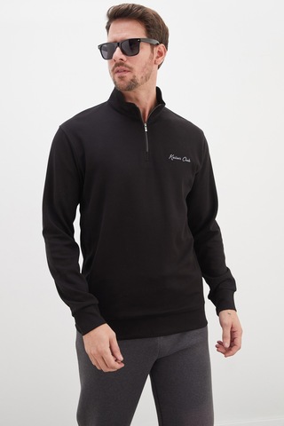 Fullamoda Kaiser Club Baskılı Yarım Fermuarlı Dik Yaka Modal Sweatshirt Siyah