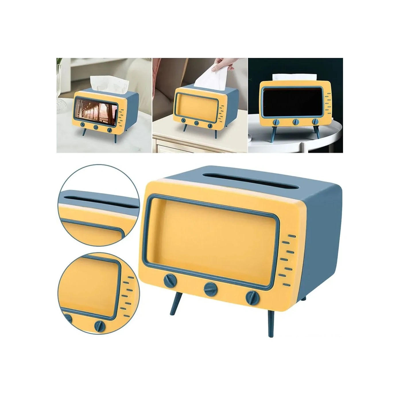 Kosona Retro Tv Desenli Tütsü Kutusu, Akıllı Telefon Tutucu İle Multifonksiyonel Abs+pp Malzeme, Ev Ofis Dekorasyonu Sarı/mavi