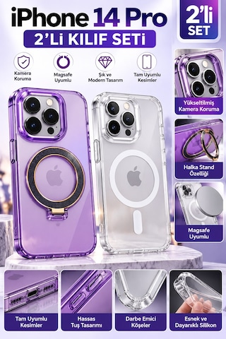 Apple iPhone Uyumlu 14 Pro Kılıf 2'li Set Lila Halkalı Standlı Ve Şeffaf Manyetik Kılıf