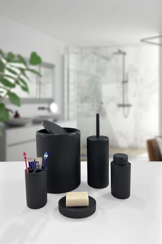 5 Parça Siyah Çizgili Yuvarlak 5'li Eco Banyo Seti Çöp Kovası Tuvalet Fırçası Sabunluk Diş Fırçalık