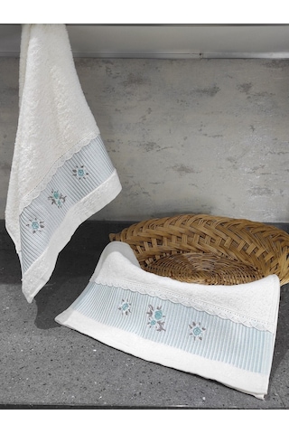 %100 Pamuk & Nakışlı Havlu Takımı - 2'li Dantelli Havlu Seti - 40x60 Cm Mint Yeşili Mint