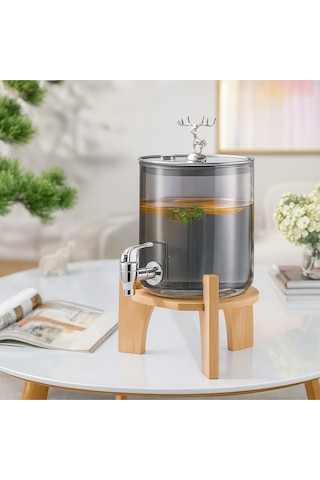 Elta Collection Gümüş Füme Cam Şerbetlik Meşrubatlık Musluklu Ve Ahşap Standlı 3.6 Litre Gümüş