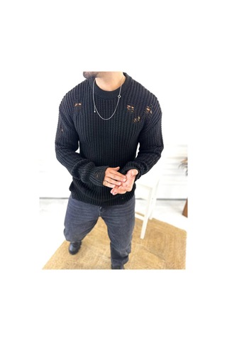 Elku Moda Kazak Oversize Yırtık Detaylı Lazer Kesim Tüylenmez Naturel Pamuk Rahat Kesim Salaş Kazak 001