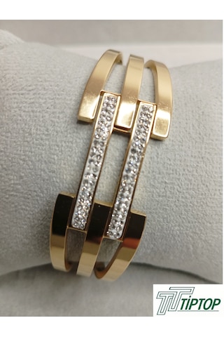 Üç Sıra Zirkon Taşlı Kelepçe Bileklik Gold