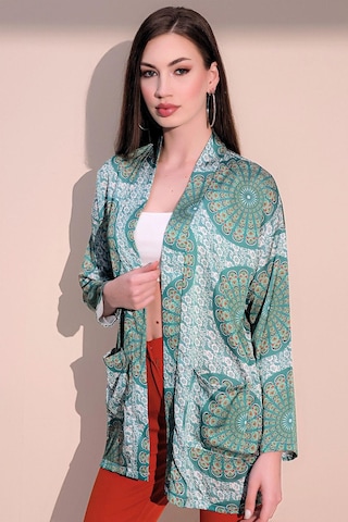 Kadın Yeşil Etnik Desen Yeni Moda Saten Çift Cepli Salaş Kimono Ceket - Tesettüre Uygun Yeşil