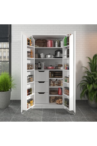 90 Derece Açılabilir 2 Kapaklı, 3 Çekmeceli, Kavanoz Raflı Kiler Ve Erzak Mutfak Dolabı Beyaz