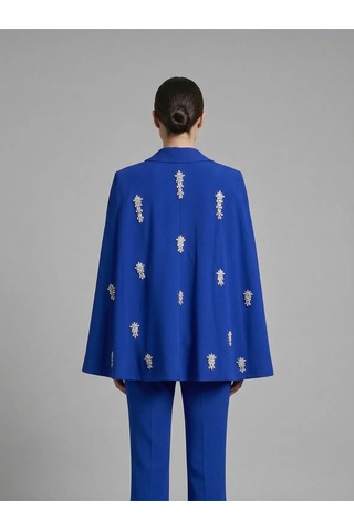 Crystalia Sırtı Taş İşlemeli Ve Pelerin Detaylı Kruvaze Blazer Ceket Saks Mavisi