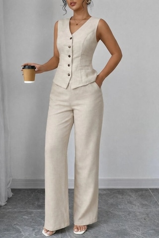 Defymoda Kadın Askılı Önden Düğmeli Bluz Ve Pantolon Keten Ikili Takım Bej