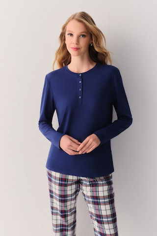 Suwen Pillow Check Uzun Kol Düğme Yaka Pijama Üstü Sh27400628b031 Koyu Mavi